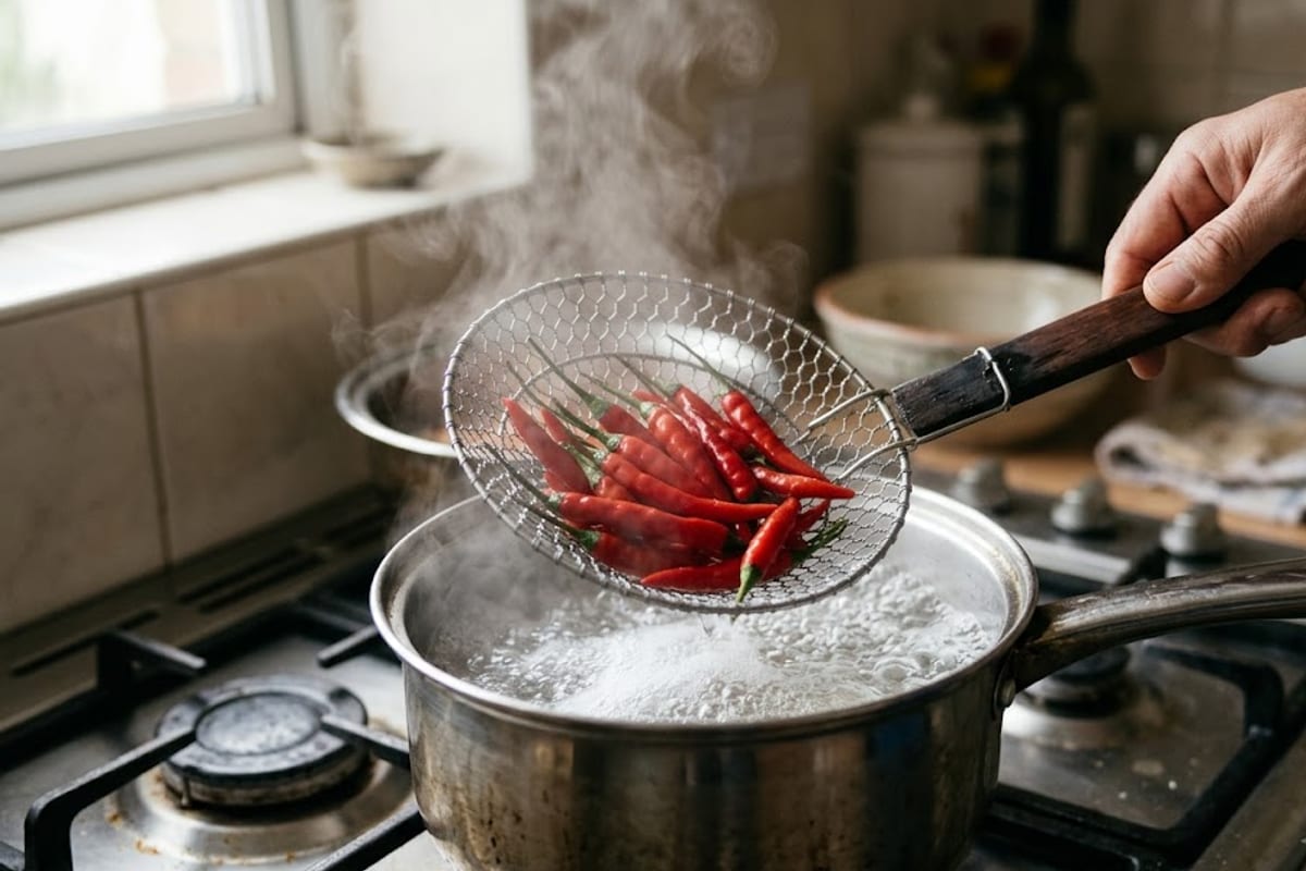 Ớt được nhúng nhanh vào nồi nước sôi bằng rổ, chỉ vài giây