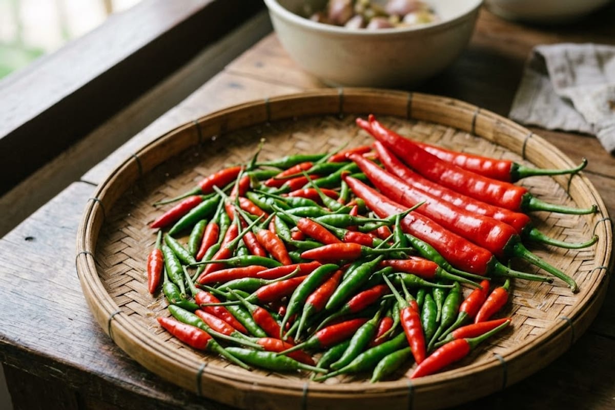 Ớt hiểm và ớt sừng tươi, quả căng bóng, cuống xanh, bày trên rổ