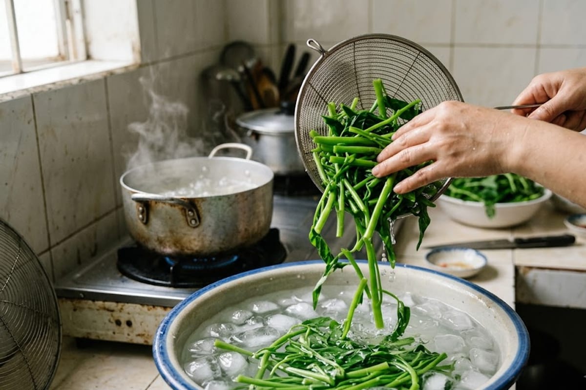 Rau muống vừa chần được vớt ngay vào thau nước đá