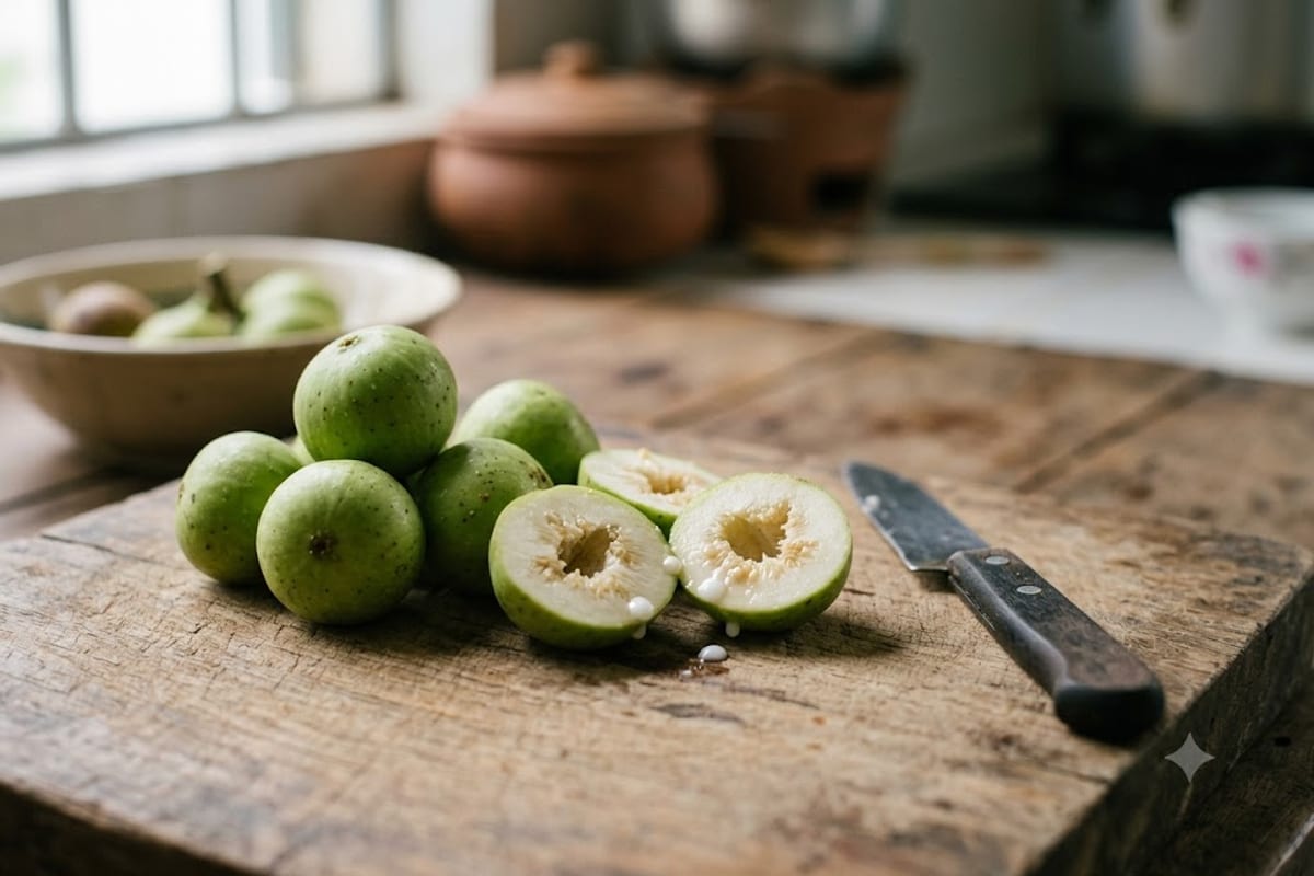 Cắt cuống và bổ đôi quả sung, nhựa trắng chảy ra