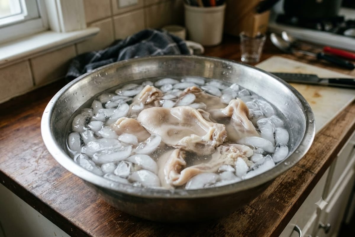 Ngâm tai heo vừa luộc vào tô nước đá