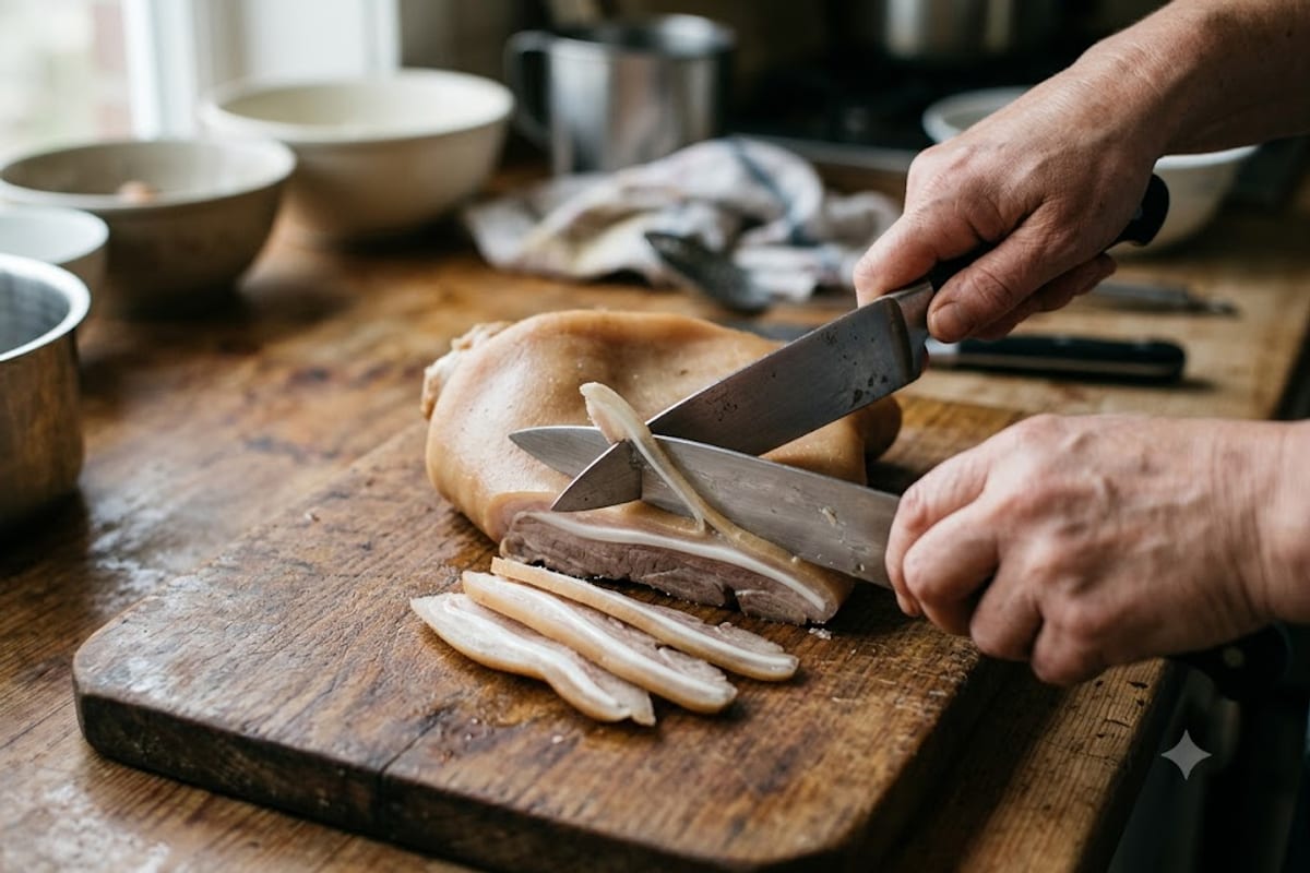Thái tai heo thật mỏng khi còn lạnh