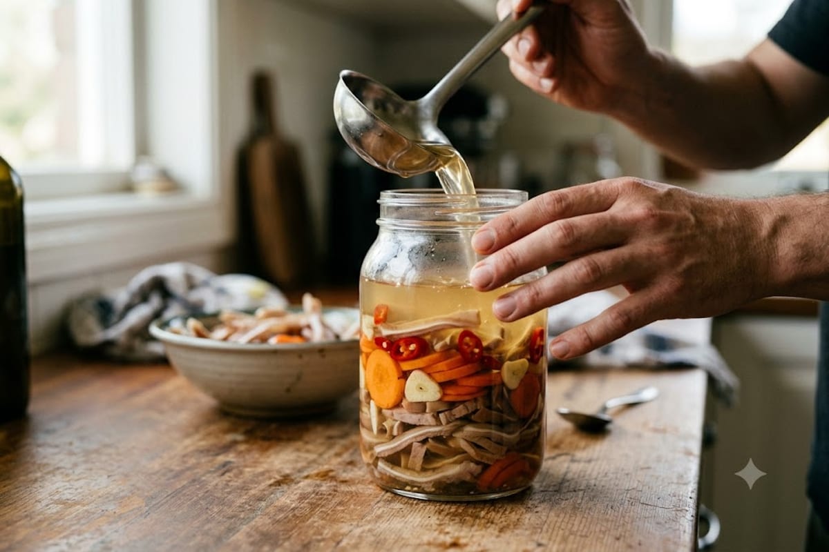 Xếp tai heo xen cà rốt, tỏi, ớt vào hũ và đổ nước ngâm