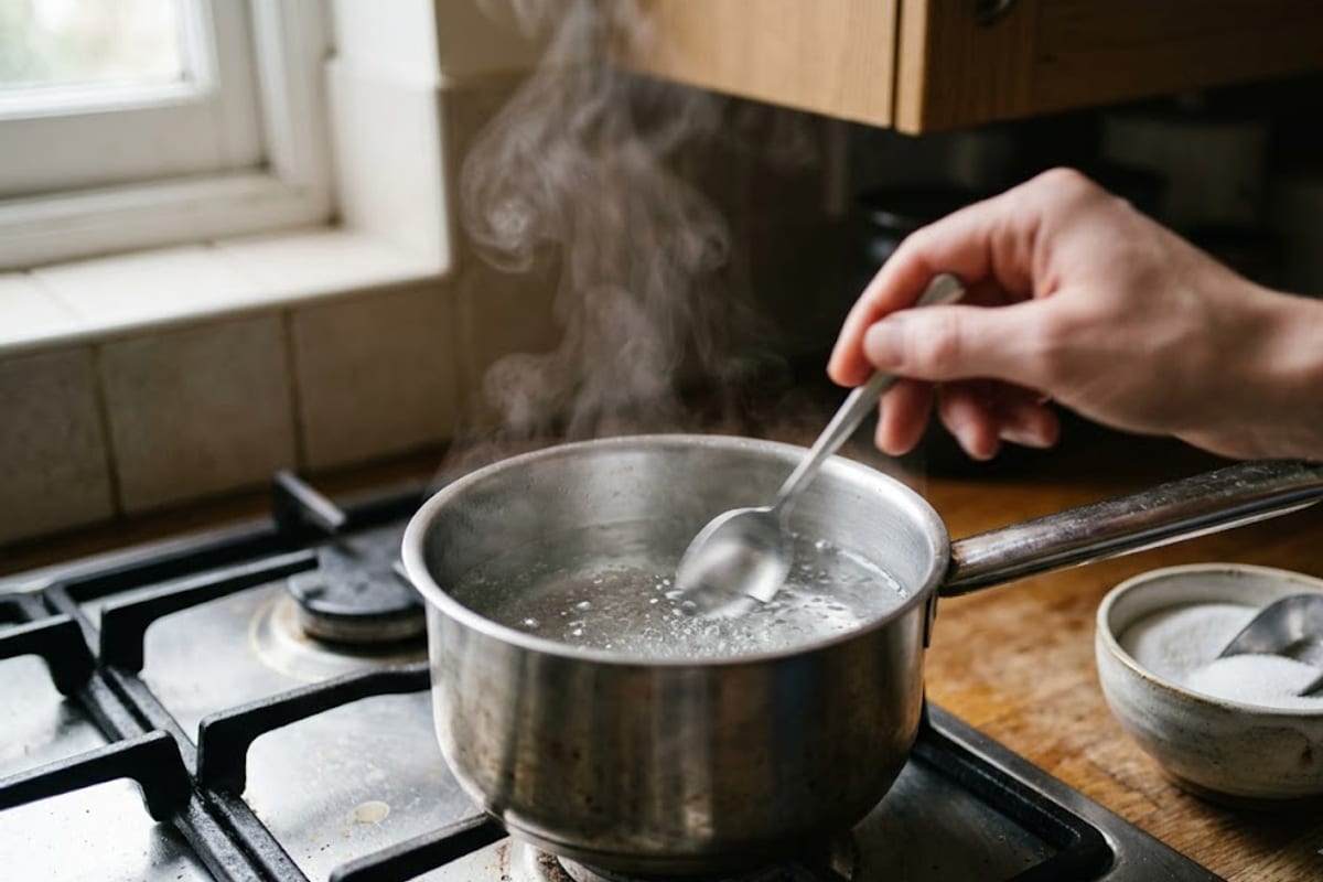 Nồi nhỏ đun giấm với đường và muối, khuấy cho tan, bốc hơi nhẹ