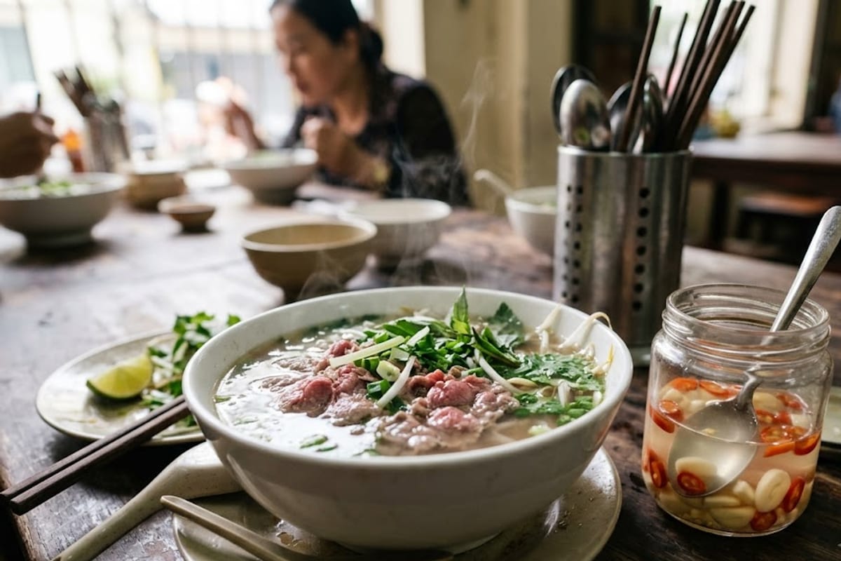 Lọ tỏi ớt ngâm giấm thái lát đặt cạnh tô phở bò nóng